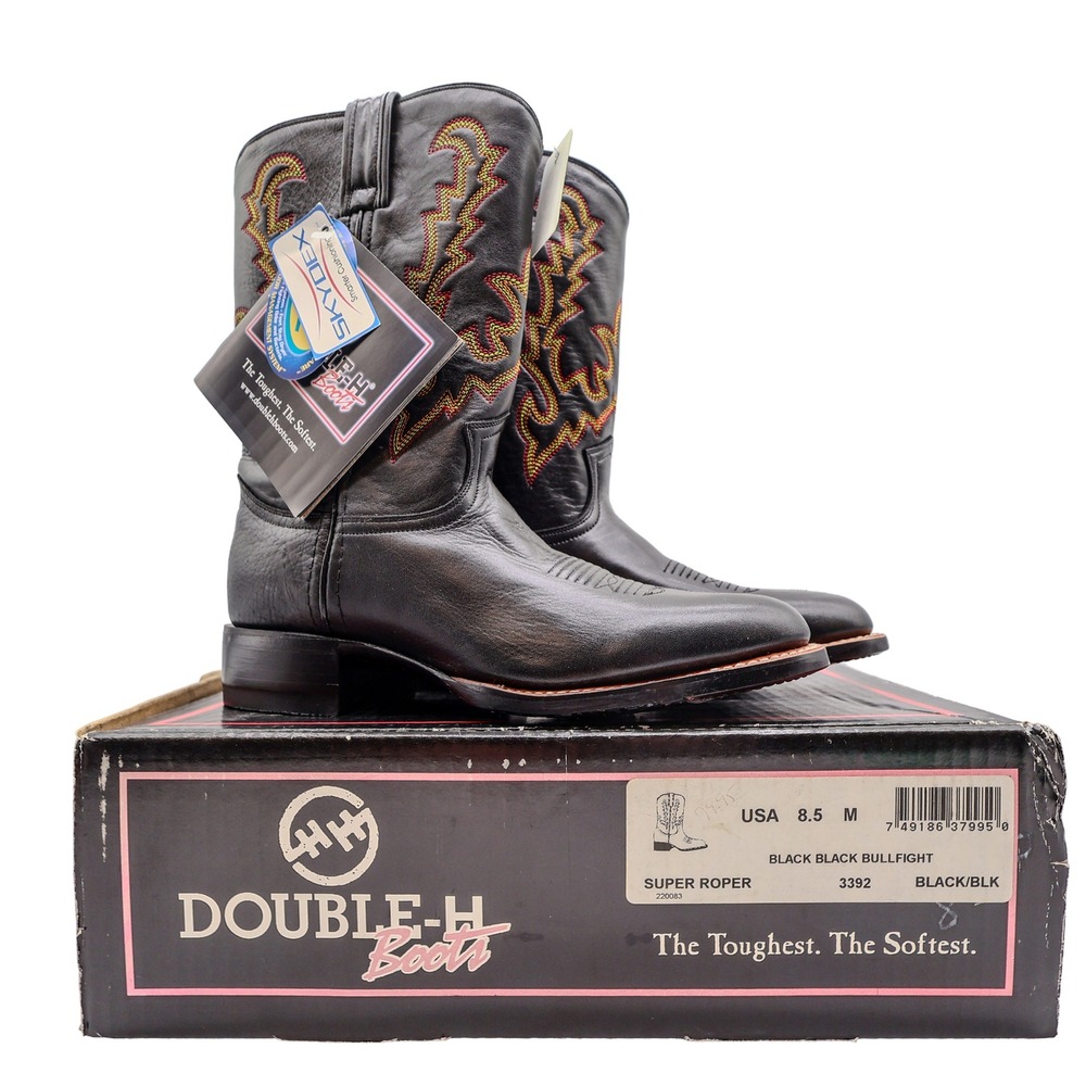 Double-H Super Roper Western Boots Mens 8.5 Black Leather NWT 3392